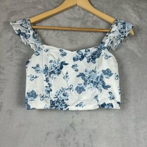 dRA Los Angeles Blue White Floral Ruffle Strap Smocked Crop Top Small